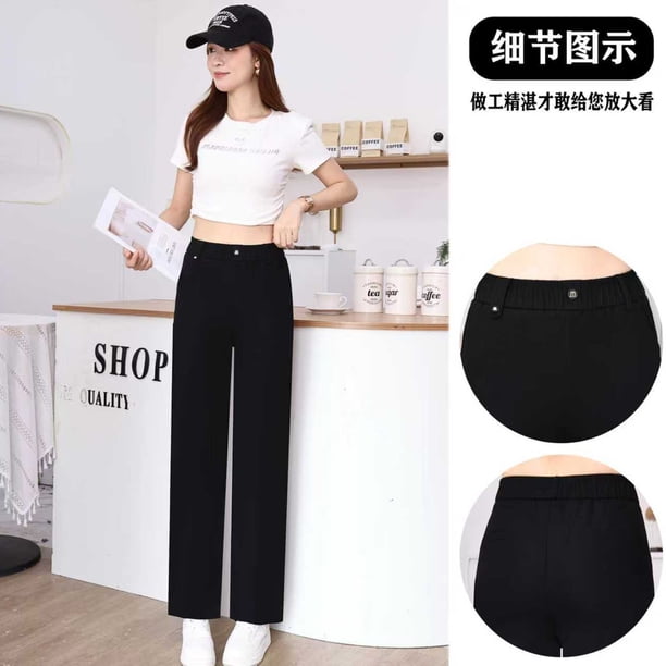 Pantalones Casuales Negros para Mujer con Cintura Elástica, Corte Recto Cómodo y con Caída para Primavera y Verano