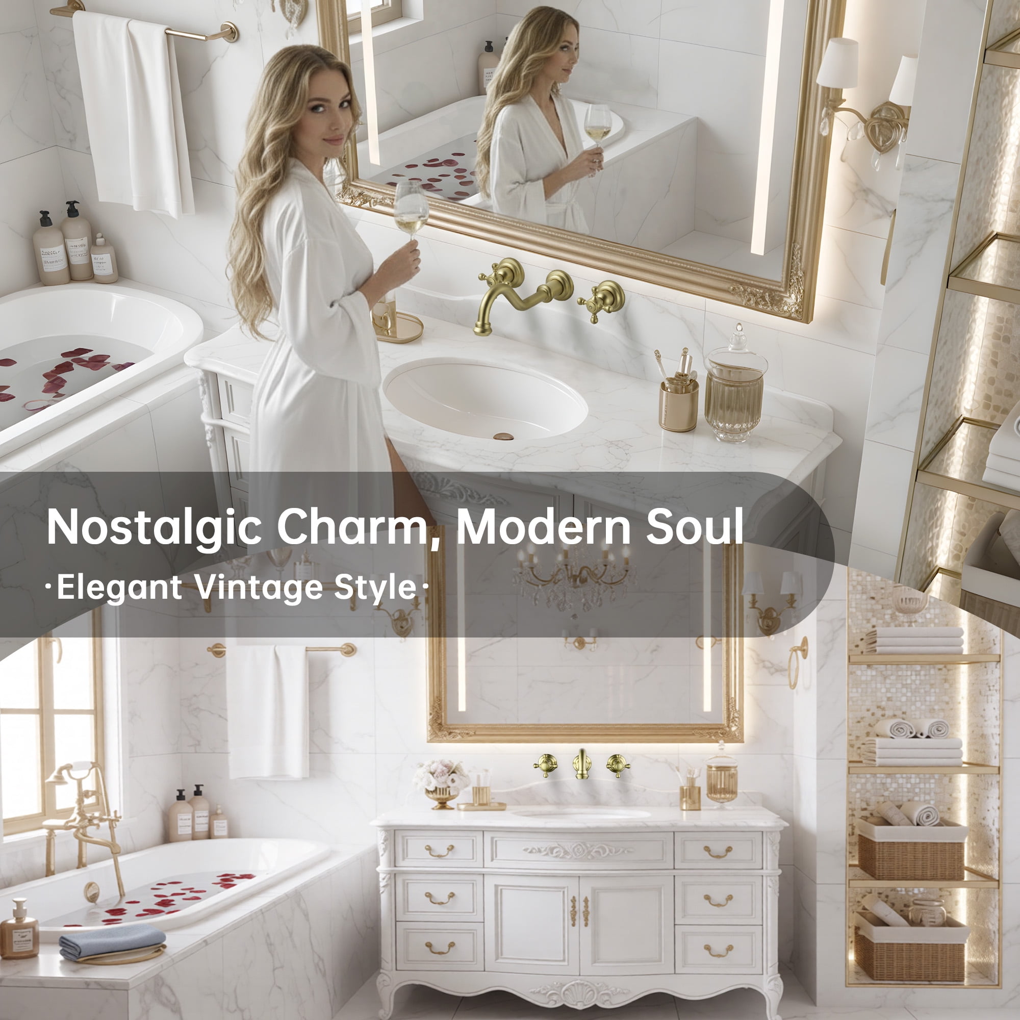 SUMERAIN 3 Holes Wall Mount Basin Faucet,Vintage Cross Handles Brushed Gold Lavatory Bathroom Vessel Sink Faucet Includes Rough-in Valve