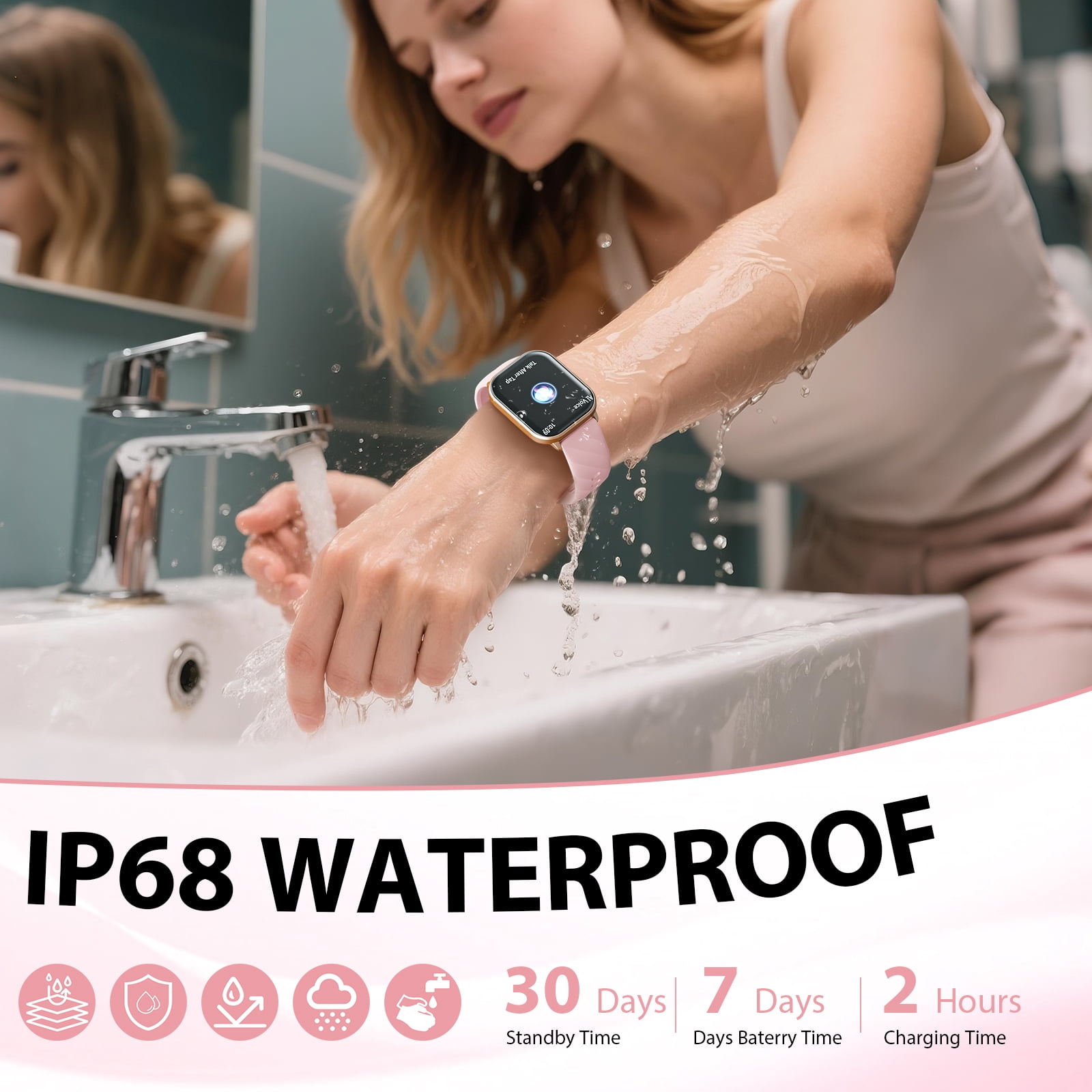 AUOSHI Smart Watch fits for Android & iPhone (Bluetooth Answer/Make Calls), 2.01 inch IP68 Waterproof Tracking Fitness, Sleep Monitor/Pedometer/Calories,Multiple Sports Modes,Pink
