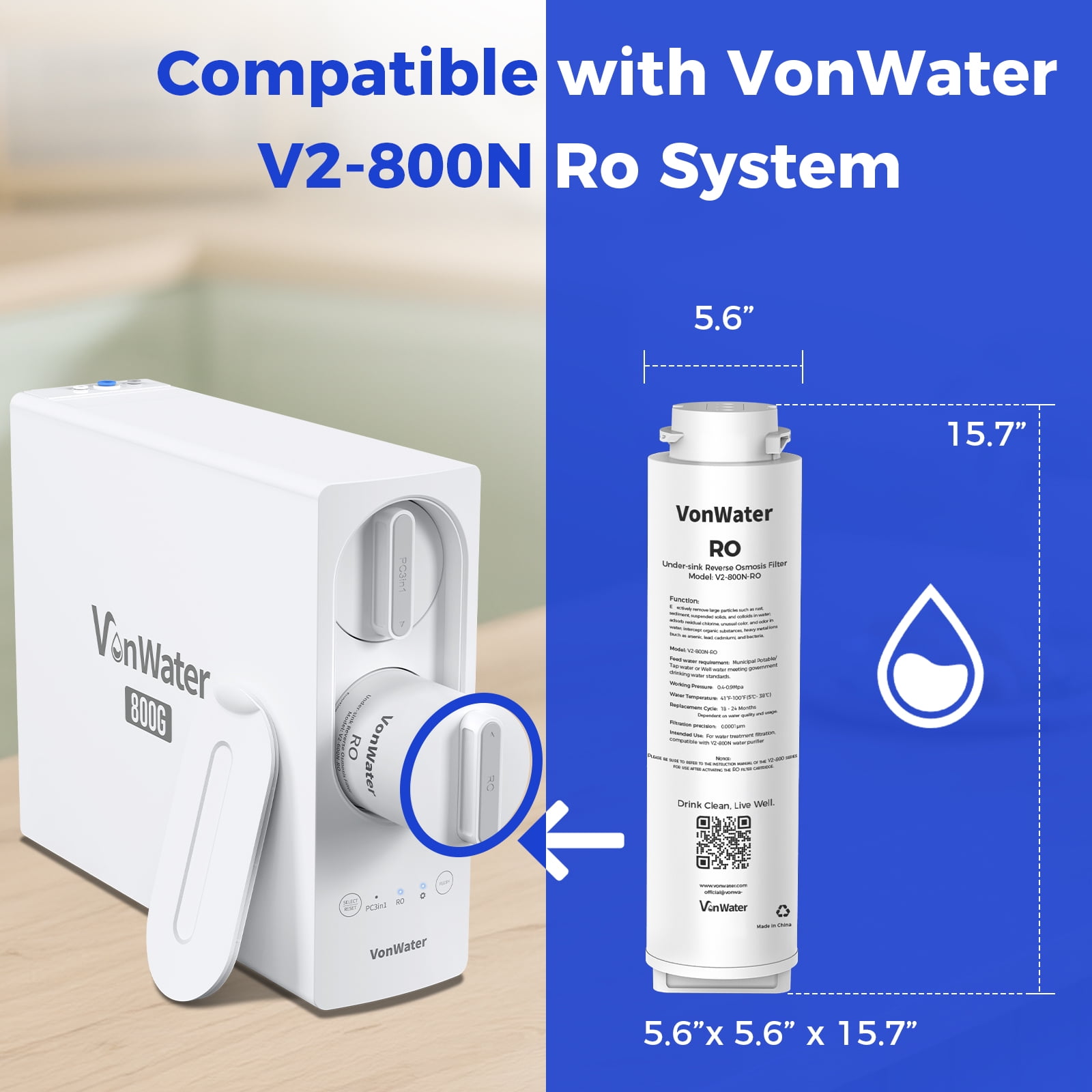 VonWater 𝟴𝟬𝟬𝗚 𝗥𝗢 Filter Replacement, for 𝗩𝟮-𝟴𝟬𝟬𝗡 Undersink Reverse Osmosis System, NSF/ANSI 372 Certified, 24 Months Lifetime, Reduce TDS PFAS
