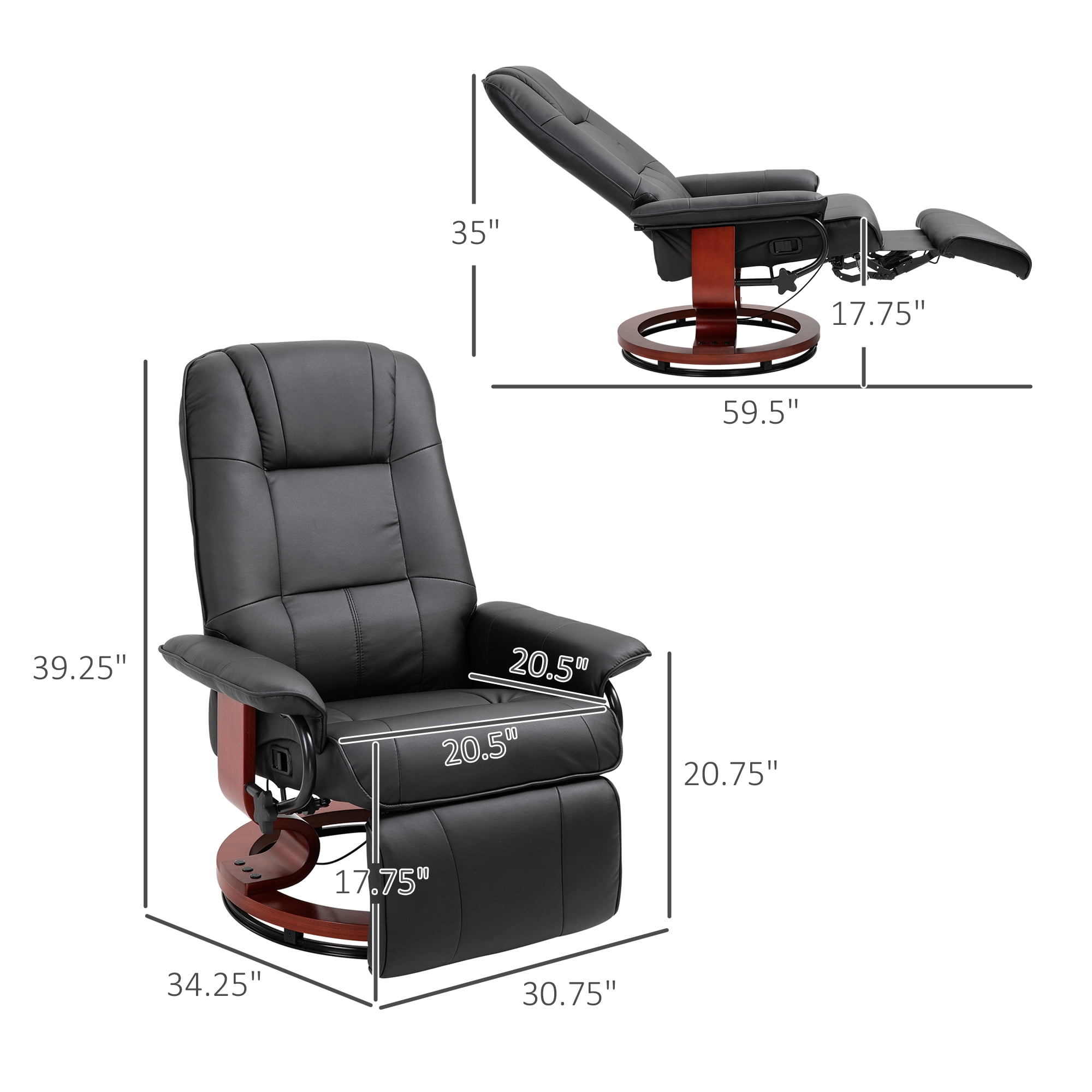 HOMCOM Faux Leather Manual Recliner, Adjustable Swivel Lounge Chair with Footrest, Armrest and Wrapped Wood Base for Living Room, Black