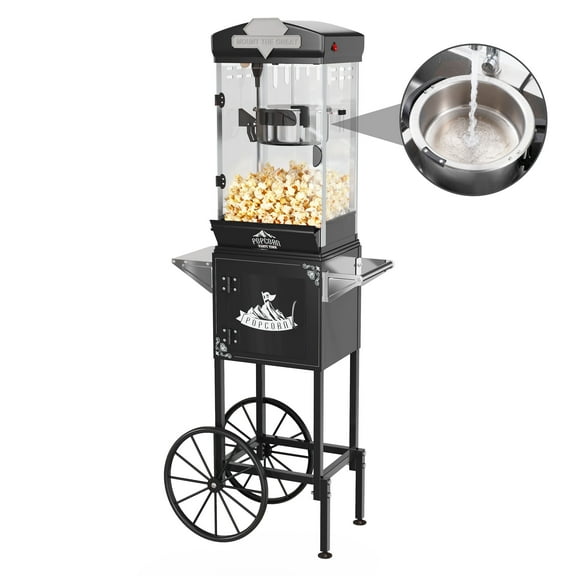 10oz Popcorn Machine with Cart, Vintage Movie Theater-Style Popcorn Maker with Stainless-Steel Kettle, Heated Warming Deck, and Drawer, 650W Electric Popcorn Maker, Black