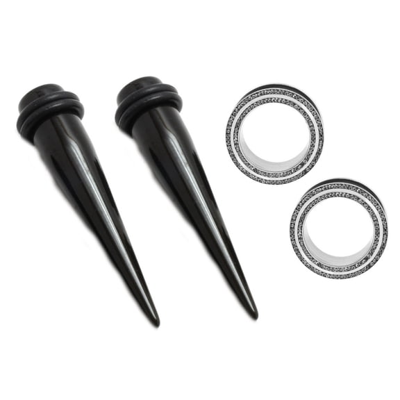 2 Pair 5/8 16mm Black Tapers Steel Screw Fit Gem Tunnel Plugs Ear Stretching Kit