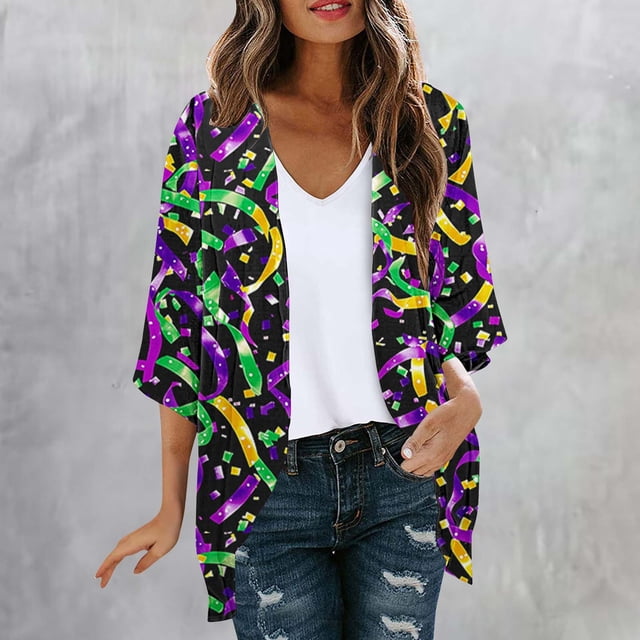 TaTaai Womens sun-protective printed cardigan, 3/4 sleeves, chiffon fabric, casual trendy, lightweight flowy, Mardi Gras essential, perfect for daily commute & festival outings Gift