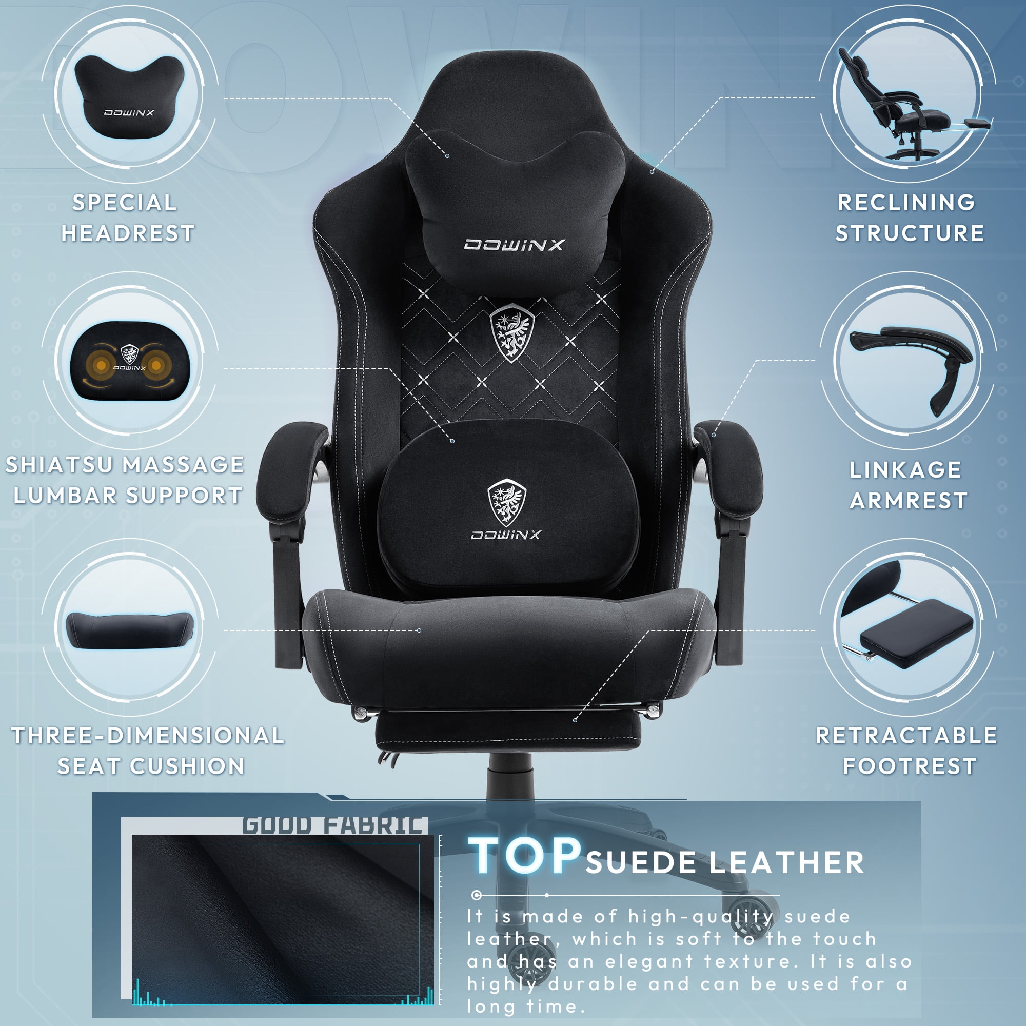 GOOSEA Fabric Gaming Chair with Heated Massage Lumbar Support, Big and Tall Game Chair for Adults, High Back PC Chair with Pocket Spring Cushion and Footrest, Black