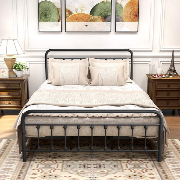 DUMEE Cadre de Lit Grand en Métal avec Tête et Pied de Lit, Cadre de Lit Plateforme Style Ferme, Format Grand, Rangement sous le Lit, Aucun Sommier Requis, Noir Texturé