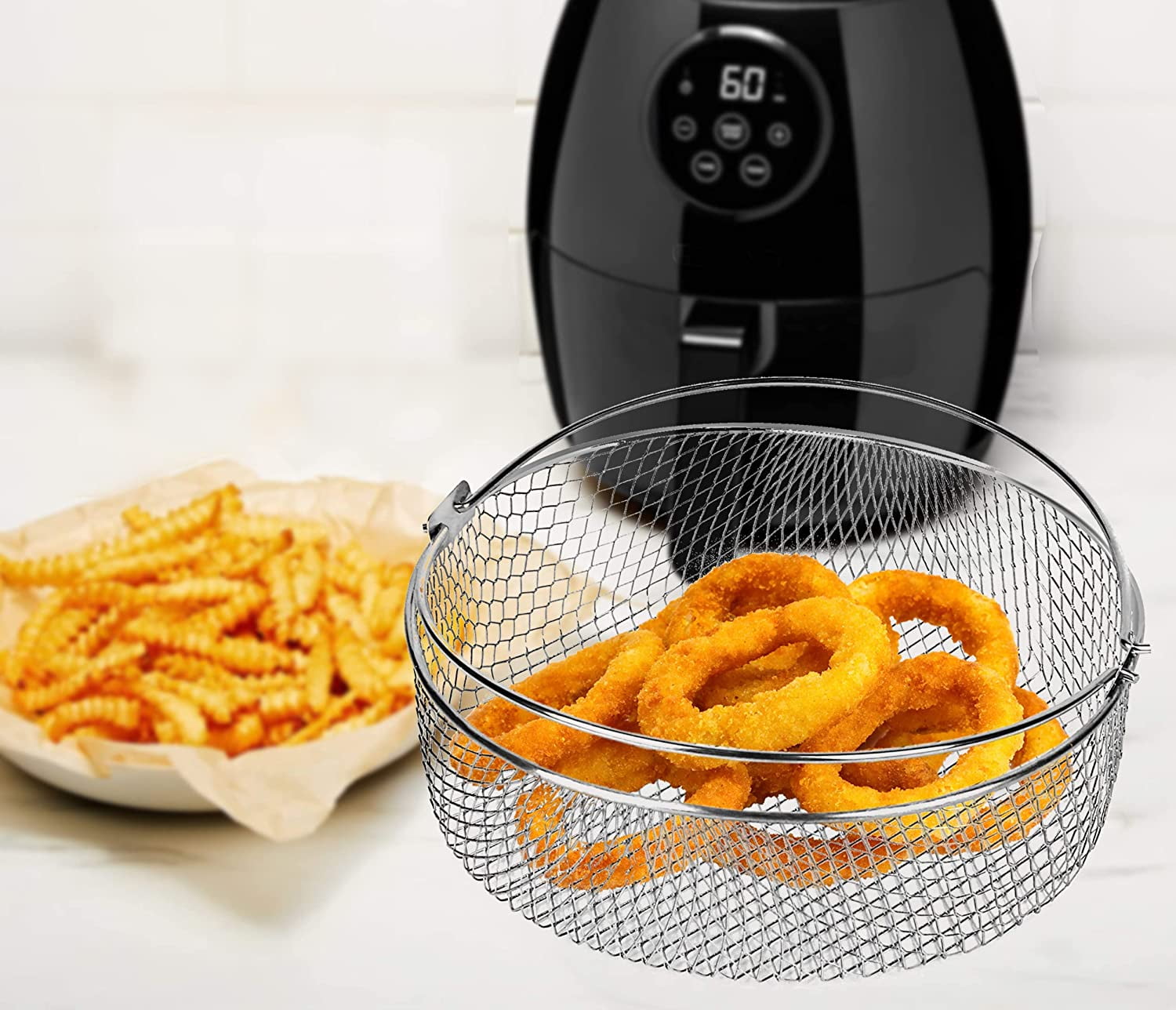 ABCISI 8 Inch Air Fryer Basket, Air Fryer Replacement Accessory for Instant Pot 6-8 QT, 304 Stainless Steel Mesh Basket with Handle for Air Fryer Oven Steamer (Round, 1 PACK)