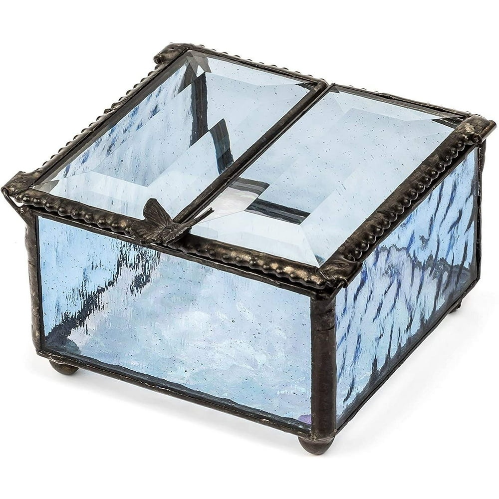 Blue Glass Jewelry Box Double Hinged Lid with Butterfly Accent Keepsake