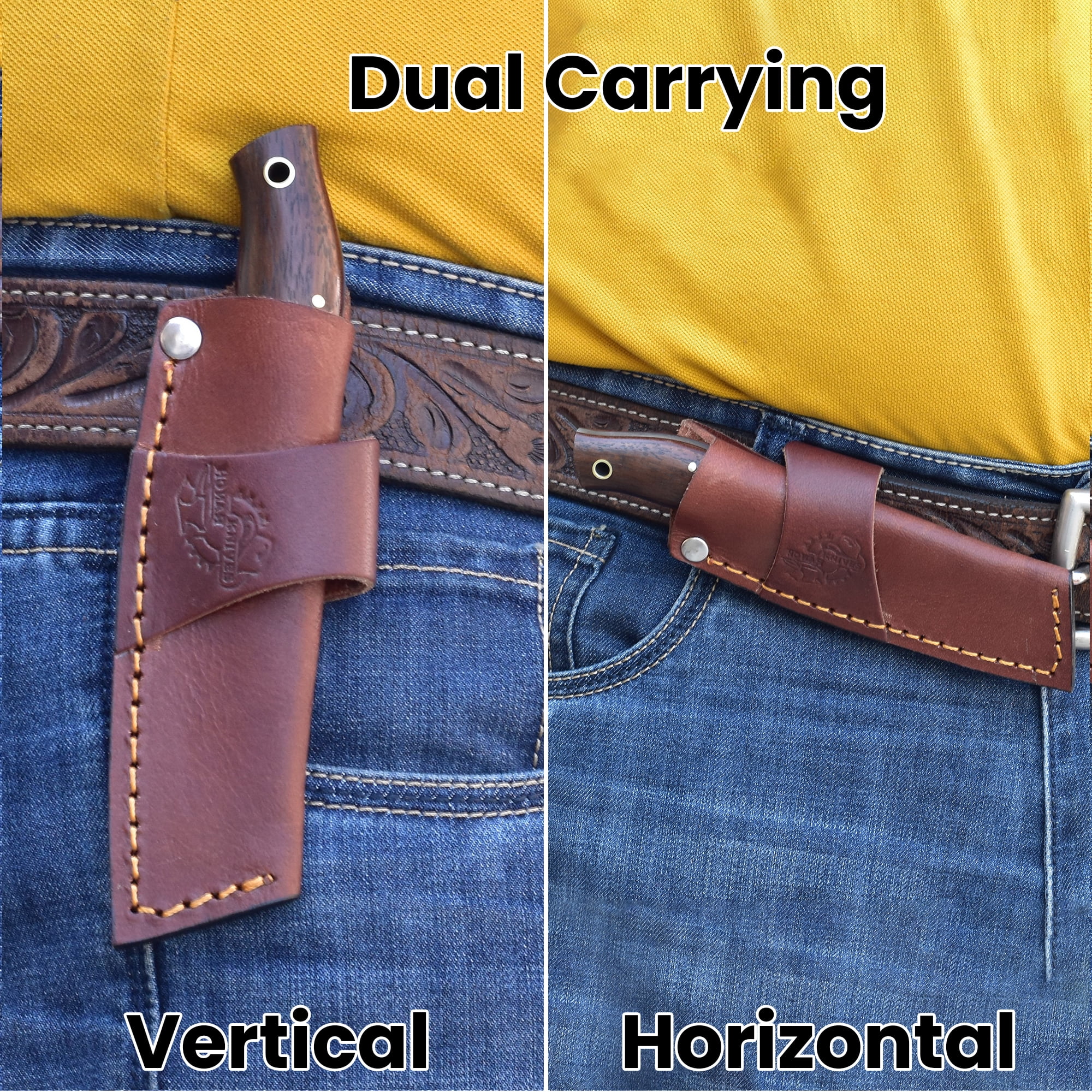Knives Ranch Handmade High Carbon Damascus Steel Fixed Blade Knife – 6.25" Cowboy Ranch Knife with Rosewood Handle & Horizontal Carry Leather Sheath – Hunting, Bushcraft, Camping, Survival, Scout Car