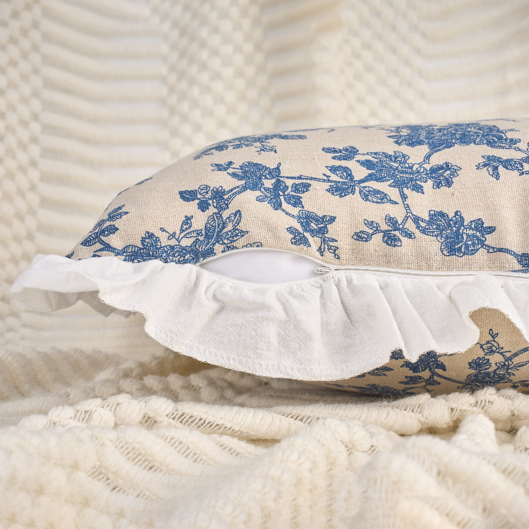 Unique Bargains Set of 2 Leaf Print Pillow Covers with Ruffled Trim Blue 20" x 12"