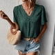 thumbnail image 3 of Camisa de mujer con cuello en V, manga corta, estampado único, blusa informal de moda para fiesta, compras, oficina, verde oscuro M, 3 of 8