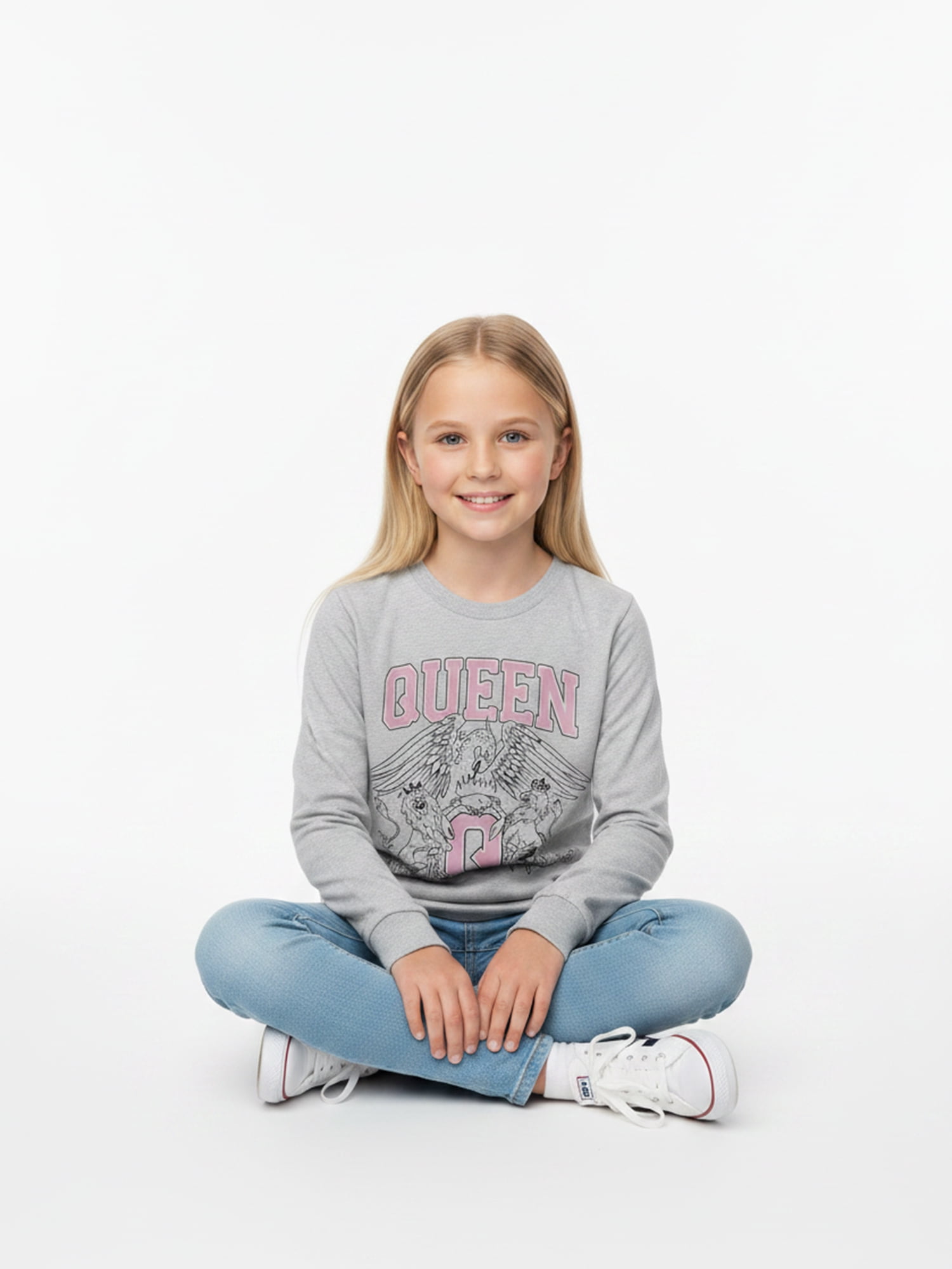 Wonder Nation Girls Graphic Queen Crest Tee with Long Sleeves, Sizes 4–18