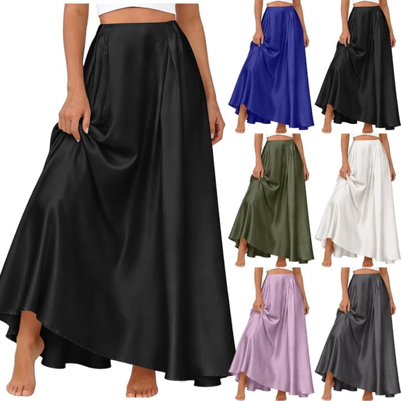 Wiyuqeen Maxi Skirts for Women with Pockets High Waist Solid Pleated Casual Skirt Satin Flowy Long Skirts for Beach Party Holiday