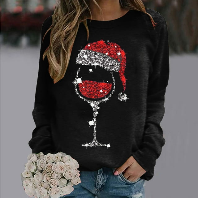 Amzcrzy Chandail de Noël pour Femmes Mode Imprimé Verre de Vin Rouge Manches Longues Hauts Décontractés Confortables Col Rond Chandails d'Automne pour Femmes