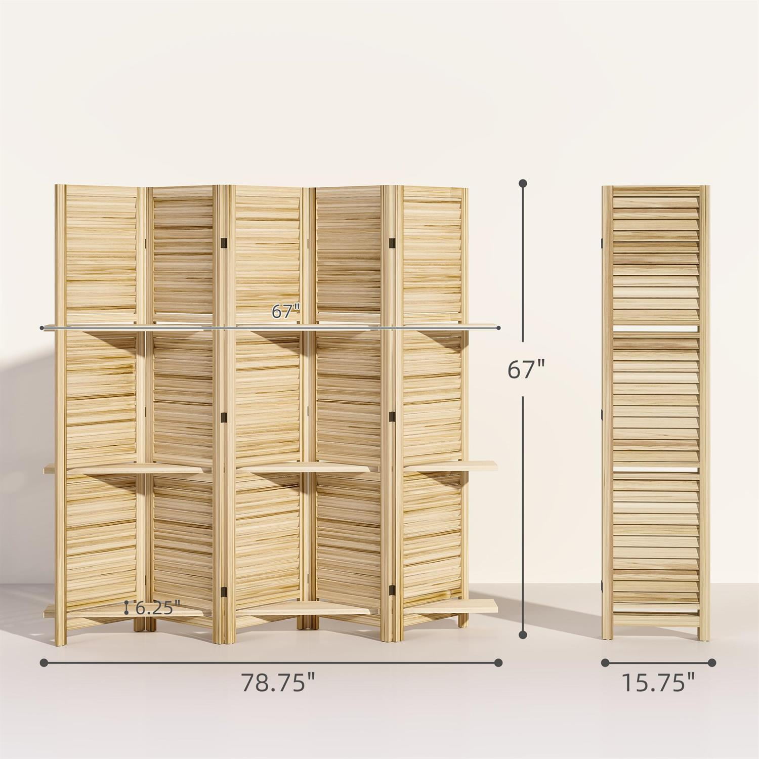 Demi Bonn 67" Tall Wood Privacy Screen Room Divider with 5 Panels, 3 Shelves, Folding Storage for Bedrooms, Beige