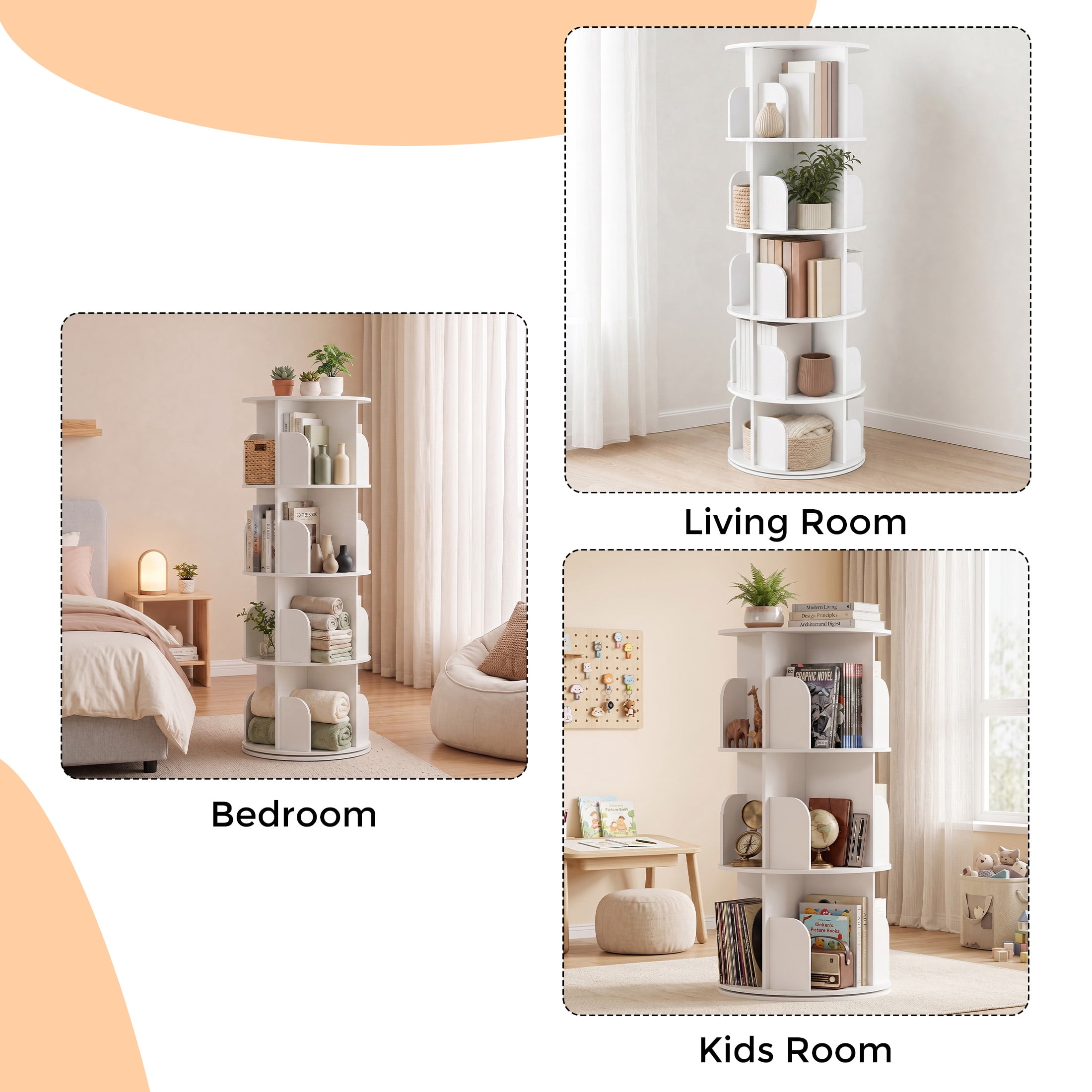 Gianna 4 Tier Rotating Bookshelf, 360 Display Floor Standing Bookcase Storage Rack, White