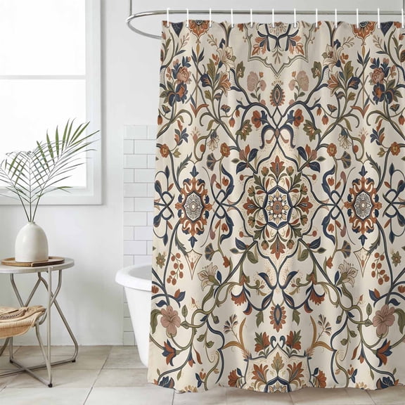 Vintage Shower Curtain Set, Waterproof Shower Curtains for Bathroom, Floral Cottagecore Rustic Brown Green Washable Fabric Cloth Bath Curtain for Bathtub Decoration with Hooks 72x78 Inches