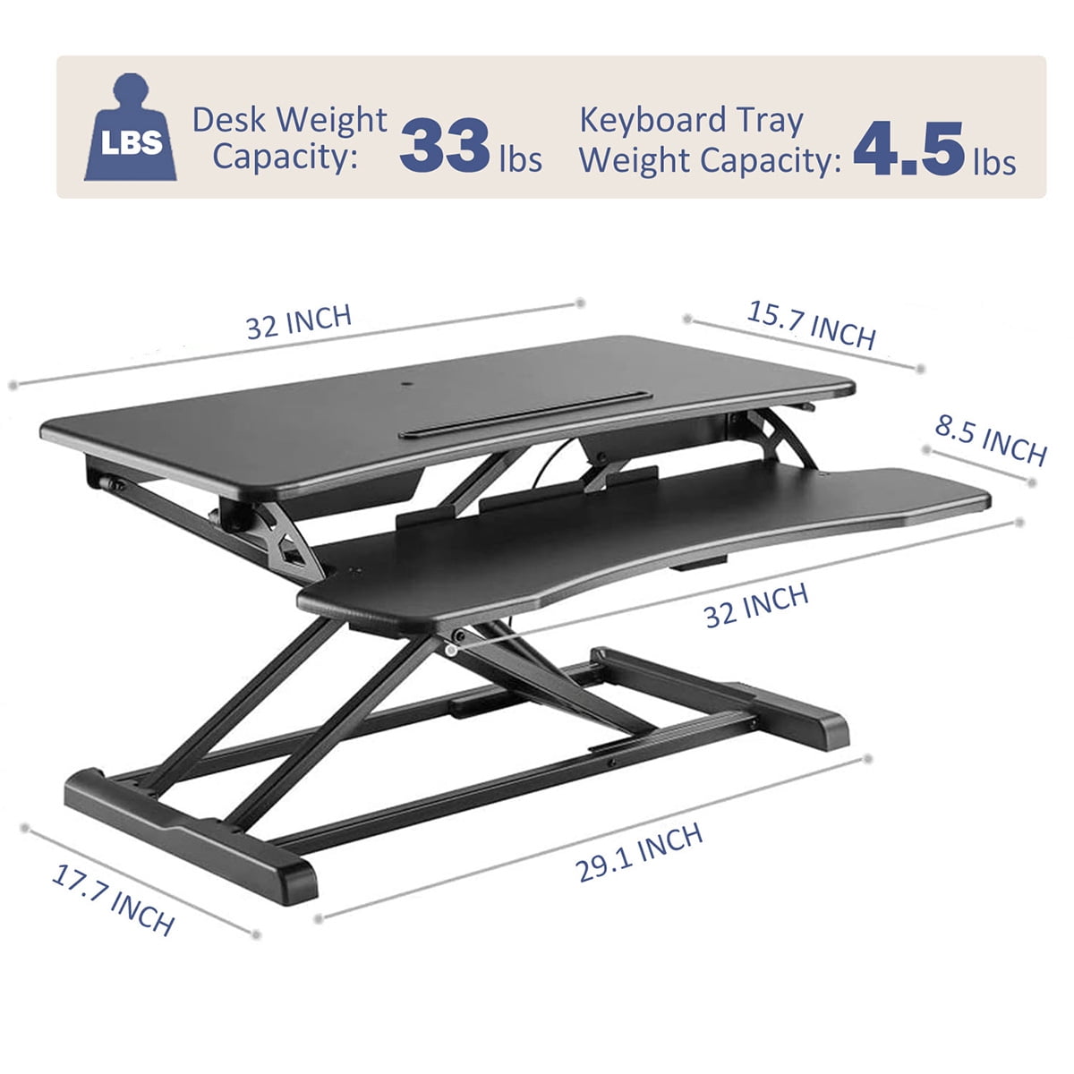 Height Adjustable Stand Up Desk Converter 32 Inch, Laptop Sit Stand Desk Riser for Table Tops and Home Office with Keyboard Tray, Black