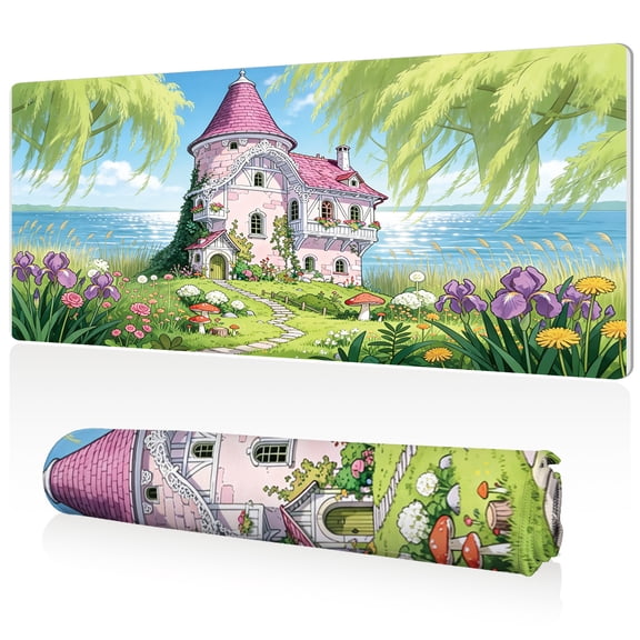 LIVEKEY Extra Large Mouse Pad 80x40x0.3cm Fairy tale Lake Castle Design Full Desk Coverage Non Slip Durable Easy Clean Stitched Edges for Gaming and Office