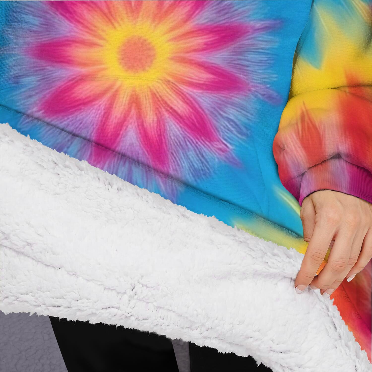 Oversized Wearable Blanket Hoodie,Colorful Tie Dye Mandala Pattern Sherpa Blanket Hoodie with Super Pockets,Super Warm Fuzzy Pullover for Women & Men