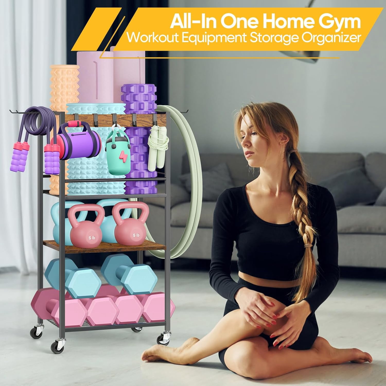 This heavy-duty home gym storage rack and yoga mat holder is a fitness equipment organizer with hooks and wheels suitable for storing dumbbells and other exercise equipment
