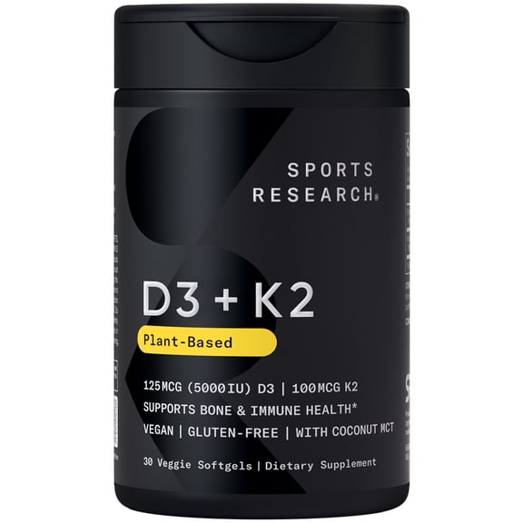 Sports Research® Vitamin D3 K2 with Coconut Oil | Plant Based Vitamin K2 MK7 Vegan D3 5000iu (30 Veggie Softgels)