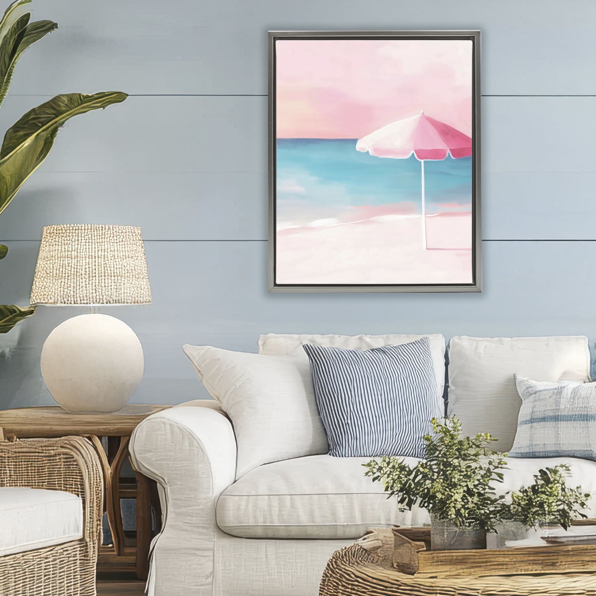 Stupell Industries Serene Pink Beach Umbrella Gray Framed Floater Canvas Wall Art, design by The Prints Vibe