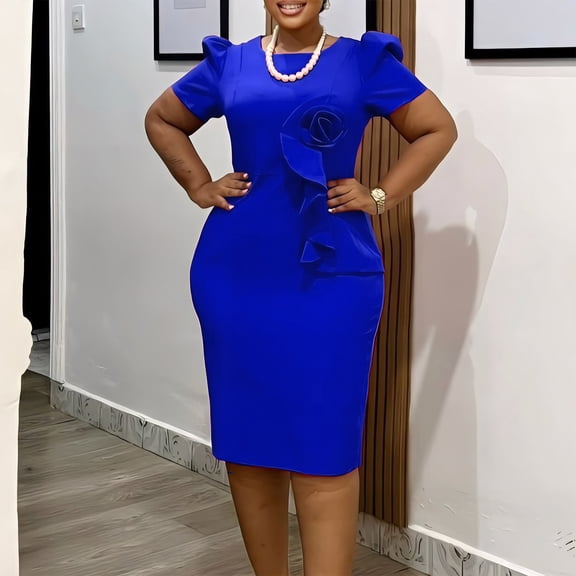 AURA Plus Size Bodycon Midi Dress Ruffle Detail High Waist Crewneck Short Sleeve Elegant Summer Office Dress with Zipper