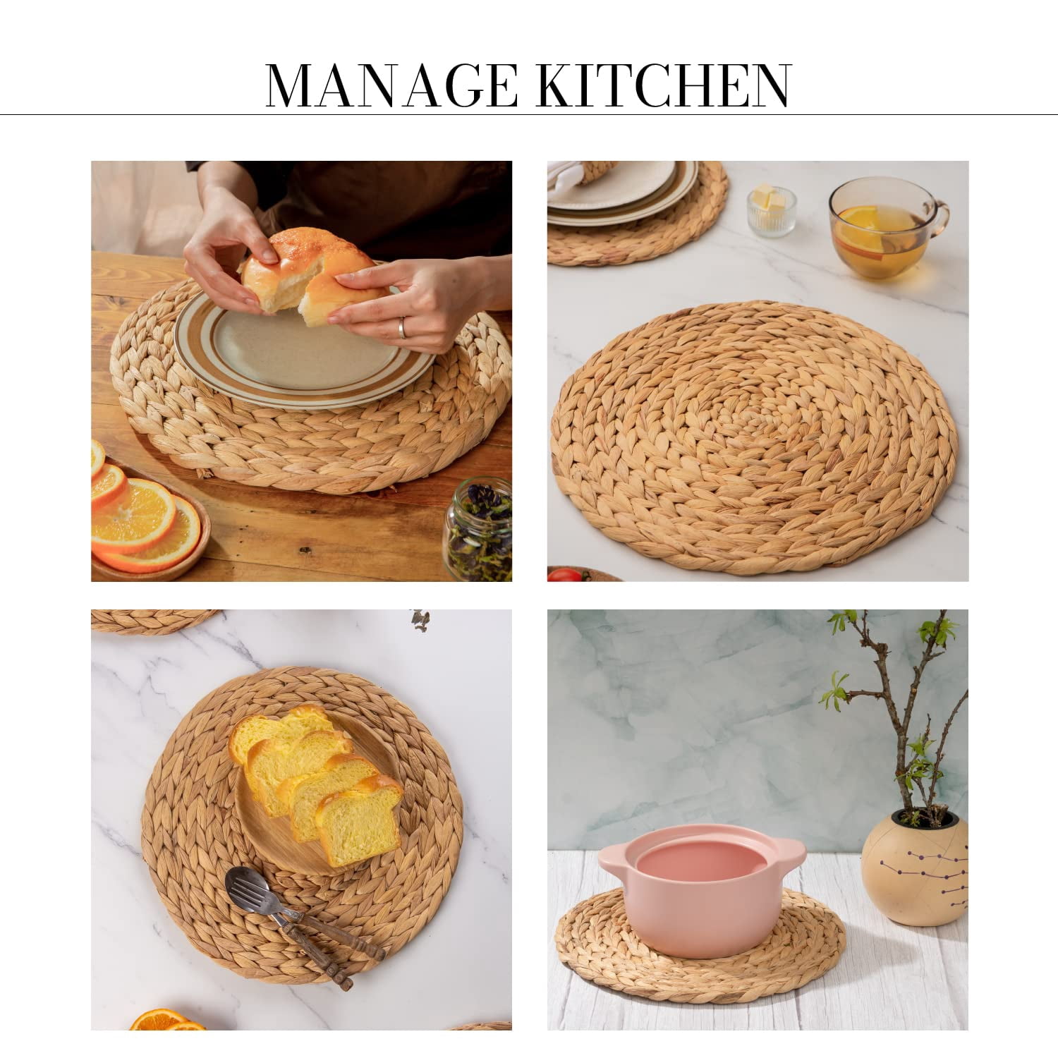 Laquedecraft 13.8" Round Woven Rattan Water Hyacinth Placemats Set of 4 Table Mats | Farmhouse Spring Plate Chargers
