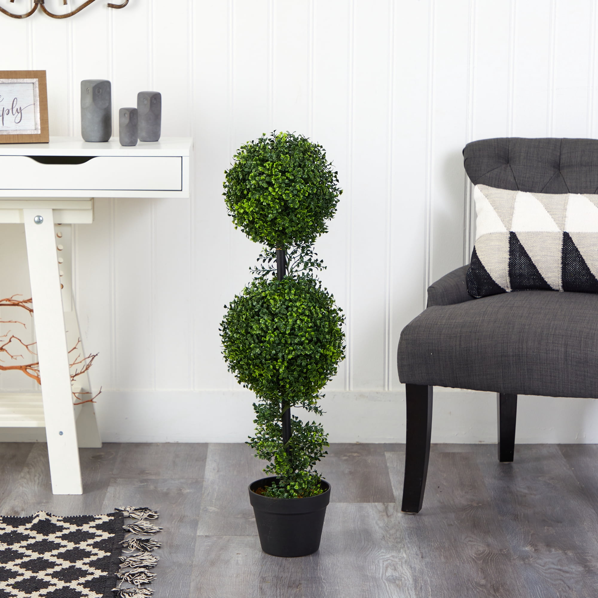 Nearly Natural 34" Boxwood Double Ball Topiary Artificial Tree (Indoor/Outdoor), Green