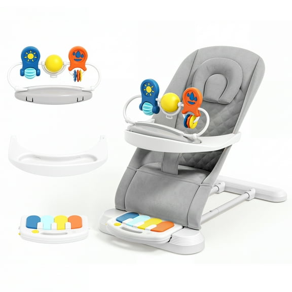 Babyomi 4-1 Baby Bouncer , 3-Level Recline Foldable Rocker for Infant to Toddler 0-6 with Detachable Pianos, Feeding Tray and Play Bar 12-24 Months, Girls and Boys Gift, Gray
