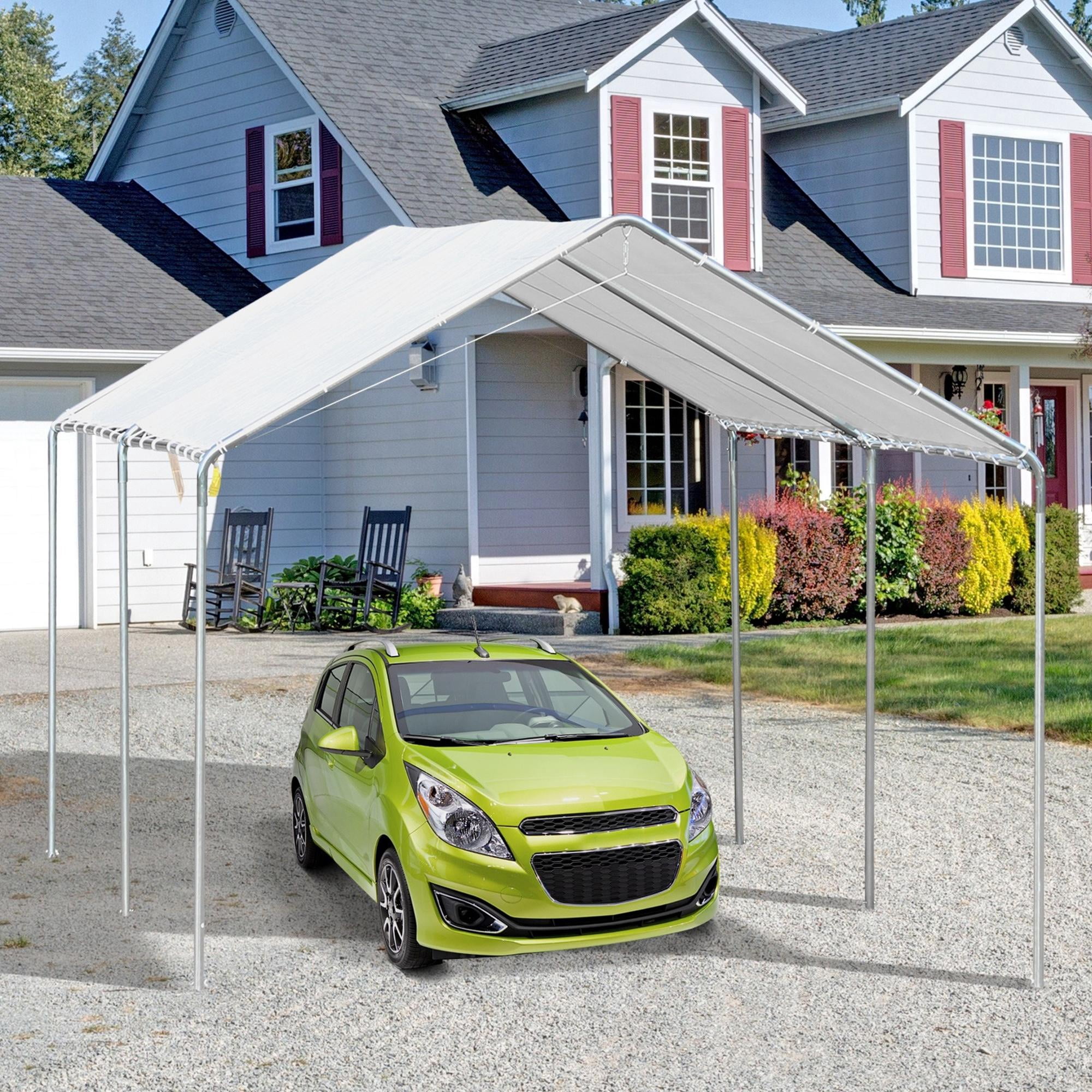 9.6' x 19.5' Carport Heavy Duty Galvanized Car Canopy w/ Included Anchor Kit, 3 Reinforced Steel Cables, White