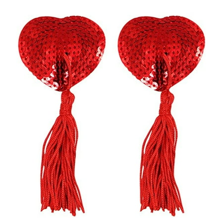 FashionMio Reusable Adhesive Nipple Cover Shiny Sequin Silicone Heart-Shaped Breast Pads Pasties Bra with Tassel Sexy Cover Stickers( A pair)