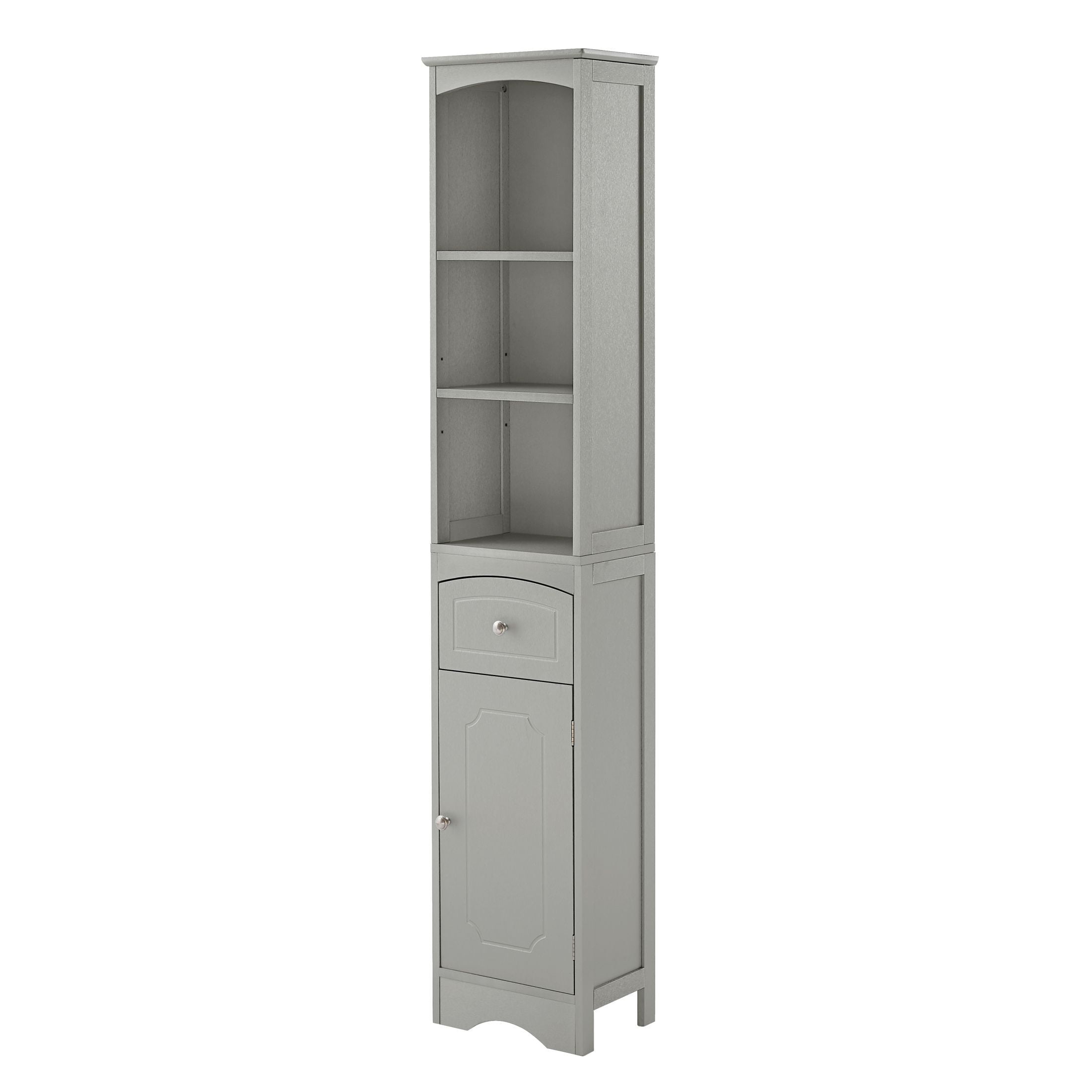 AENKYO Bathroom Cabinet with Adjustable Shelves, High Storage Cabinet with Open Spaces and Drawer, Gray
