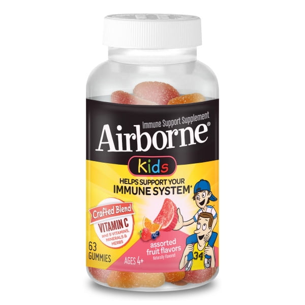 Airborne Kids Assorted Fruit Flavored Gummies, 63 count, 500mg of