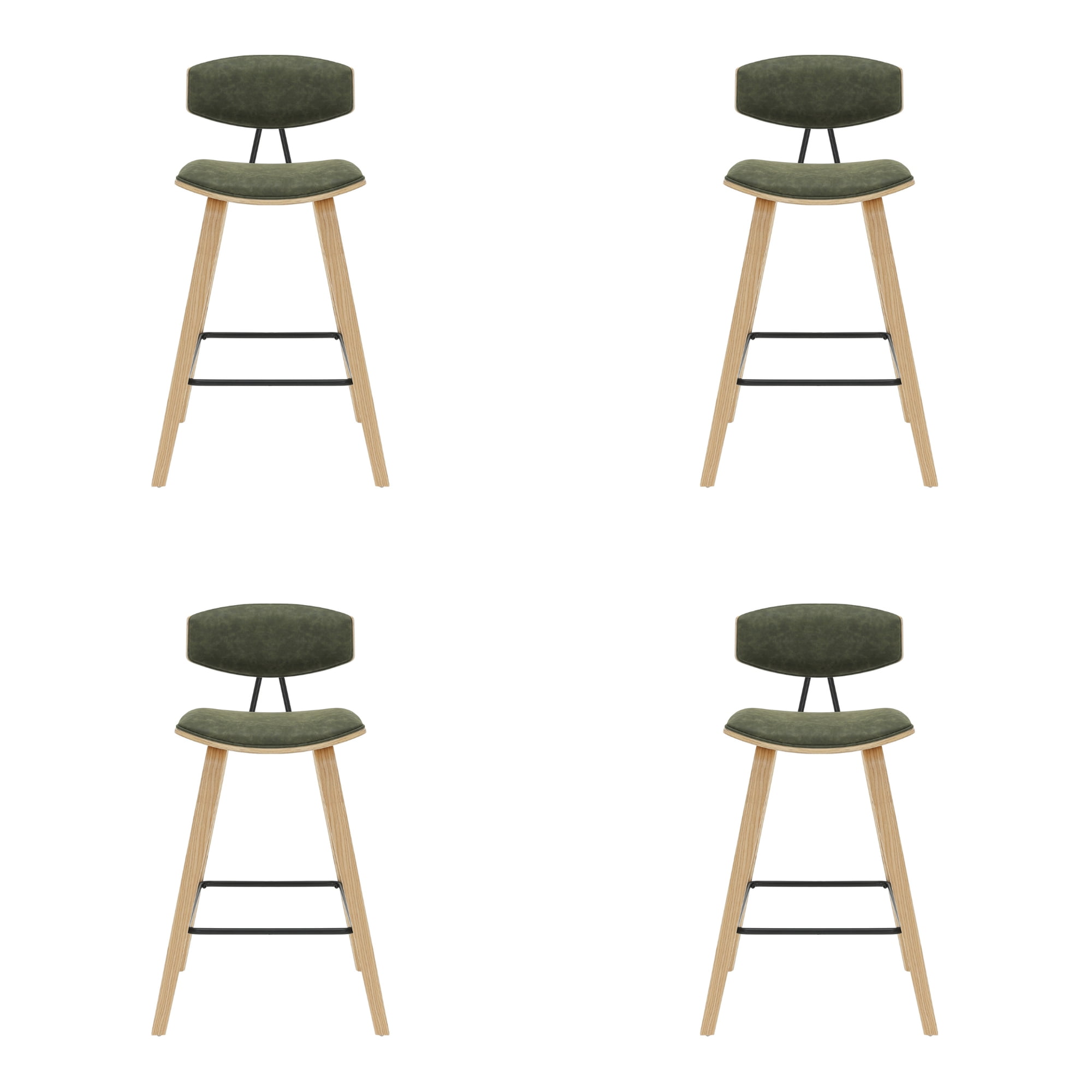 Fox 36 in. H Counter Height Vintage Green Curved Back Wood Bar Stool with Faux Leather Seat Set of 4