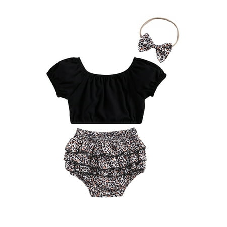 

Xingqing Baby Girl 3Pcs Outfits Set Short Sleeve Tops Leopard Shorts Headband Leopard 18-24 Months