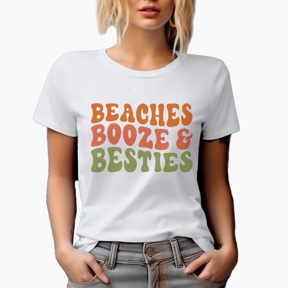 Beaches, Booze & Besties, Drinker & Beach Lover Quote, Groovy Retro Wavy Text Merch Gift, White T-Shirt, Small