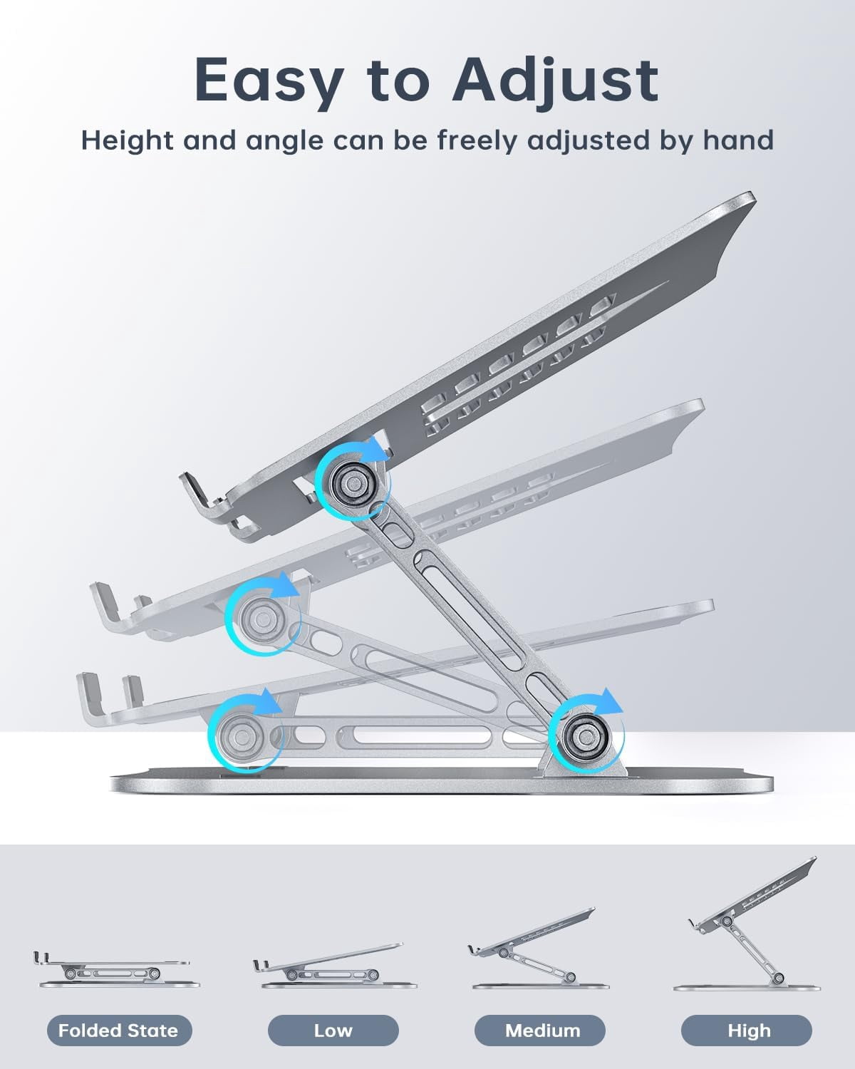 Aluminum Laptop Stand for Desk, Foldable and Portable Riser, Adjustable Notebook Stand, Ventilated Cooling Bracket, Ergonomic Computer 11-17 inch Notebooks, Silver