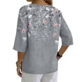 thumbnail image 6 of Boho Floral V Neck T Shirts for Women Cotton Linen 3/4 Sleeve Summer Beach Casual Tops #03Gray L, 6 of 6