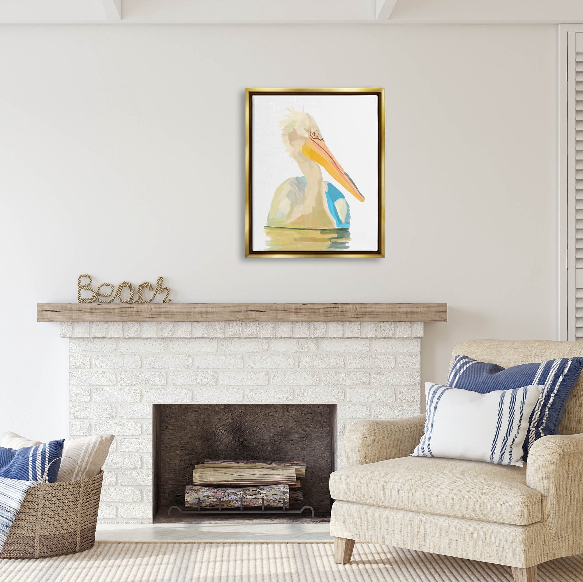 Stupell Industries Pelican Swimming Nature Portrait Coastal Painting Gold Floater Framed Art Print Wall Art