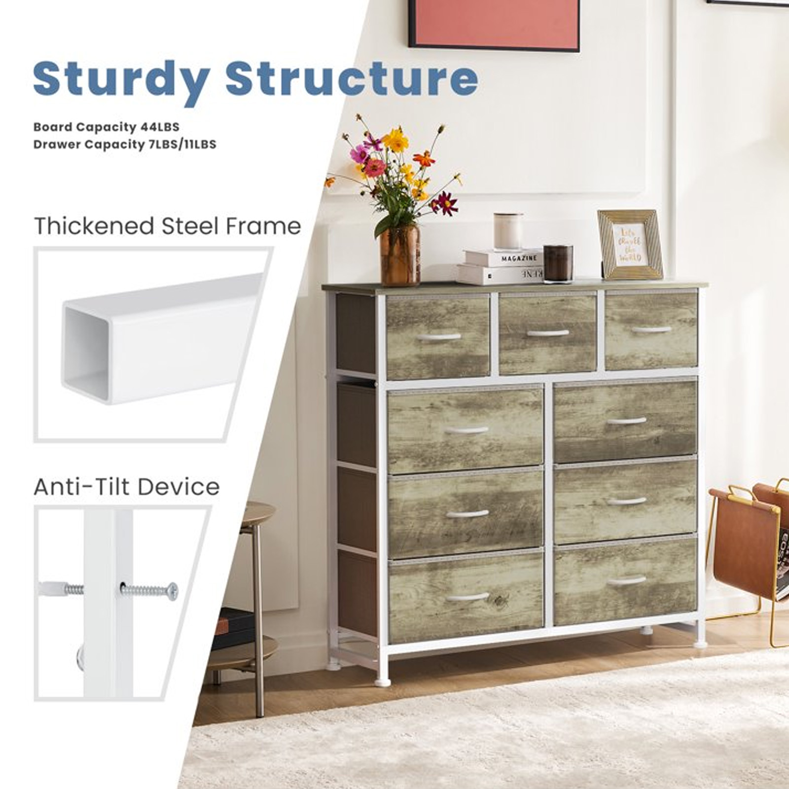 Nextay 9-Drawer Fabric Dresser for Bedroom, Storage Dresser Closet with Steel Frame & Wooden Top for Living Room, Dressing Room, Entryway, Greige Oak