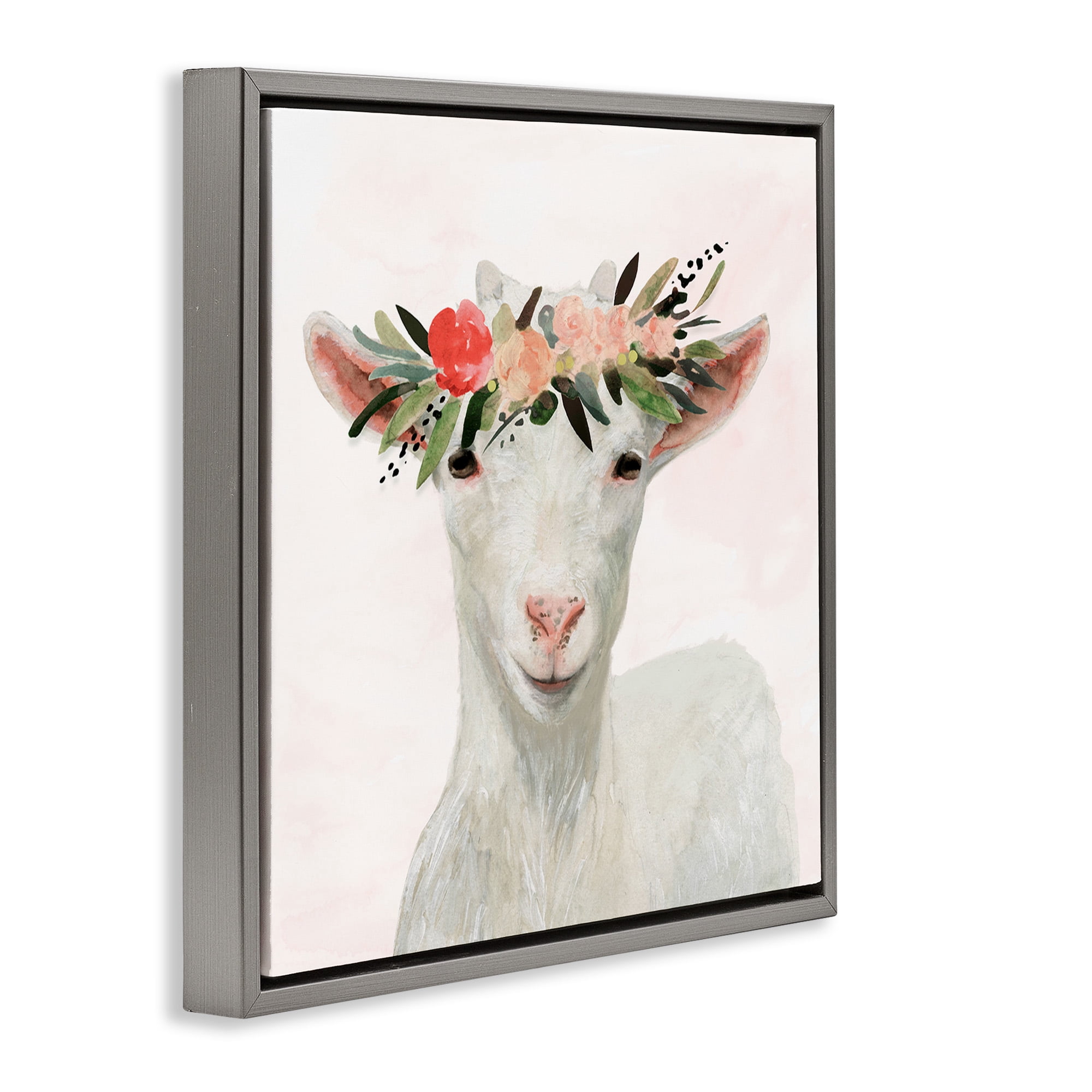 Stupell Industries Springtime Flower Crown Baby Goat Animals & Insects Painting Gray Floater Framed Canvas Art Print Wall Art, 18 x 18