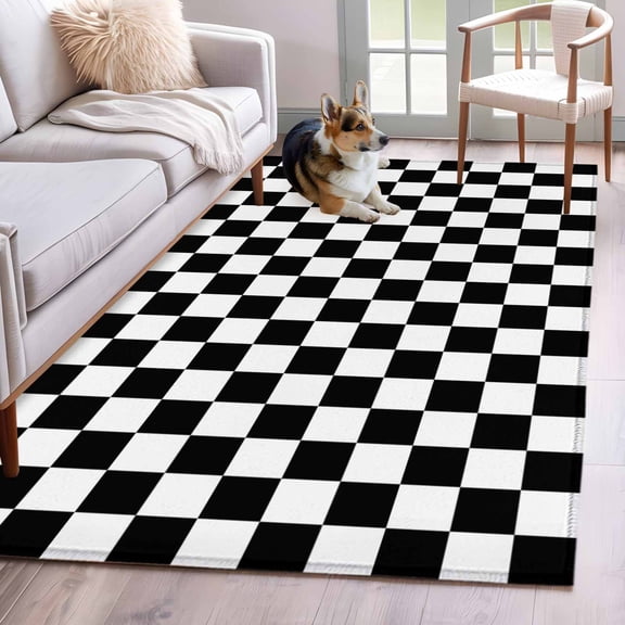 Black White Plaid Area Rugs 2.7'x5', Washable Small Throw Rugs for Kitchen Bedroom, Farmhouse Modern Minimalist Geometric Indoor Outdoor Rug Non-Slip Low Pile Carpet Runner Reversible Floor Mats