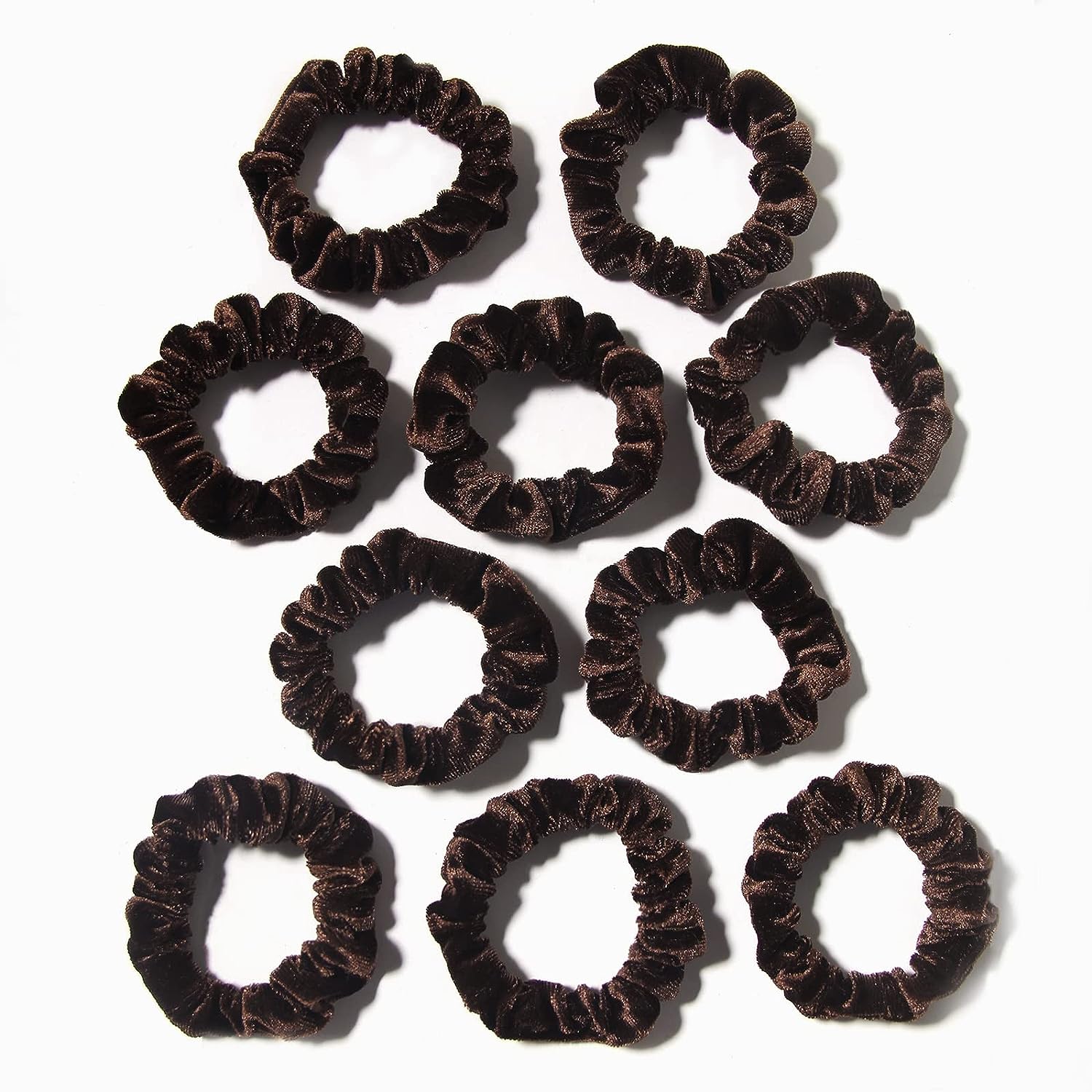 -Pack of 10 Small Velvet Scrunchies for Women Hair Accessories, Mini Thin Elastic Hair Ties for Thick and Thin Hair, Coffee
