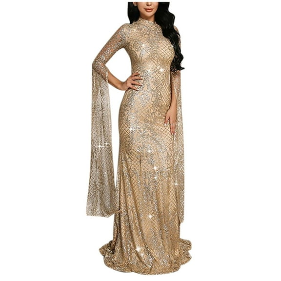Women's Sparkling Gold Formal Dress Elegant Long Skirt Slim Fit Evening Gown for