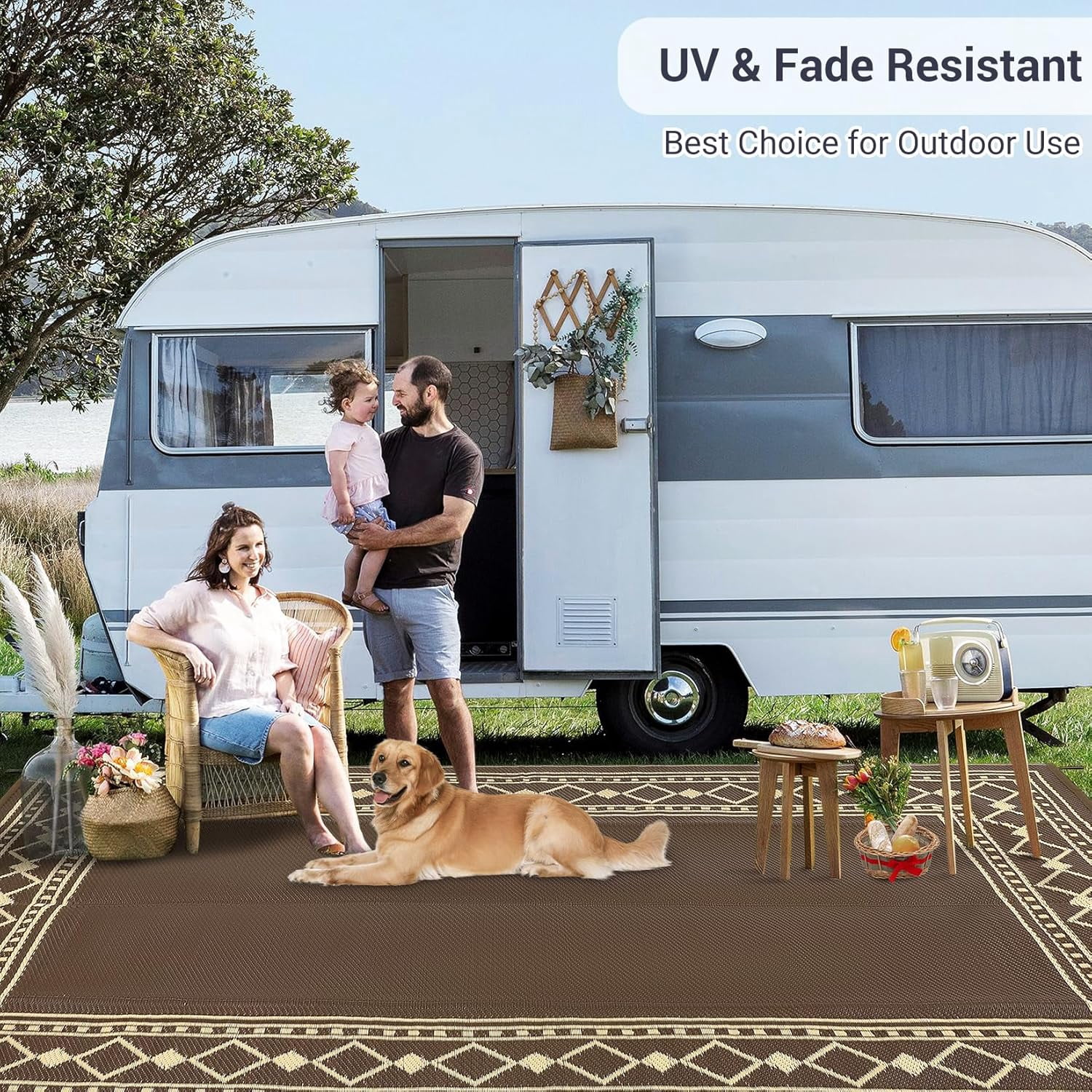 Funslane 9' x 18' Waterproof Outdoor Rug, Reversible Plastic Straw Patio Mat, Easy to Clean & Portable, for Deck, RV, Camping & Balcony, Brown/Coffee
