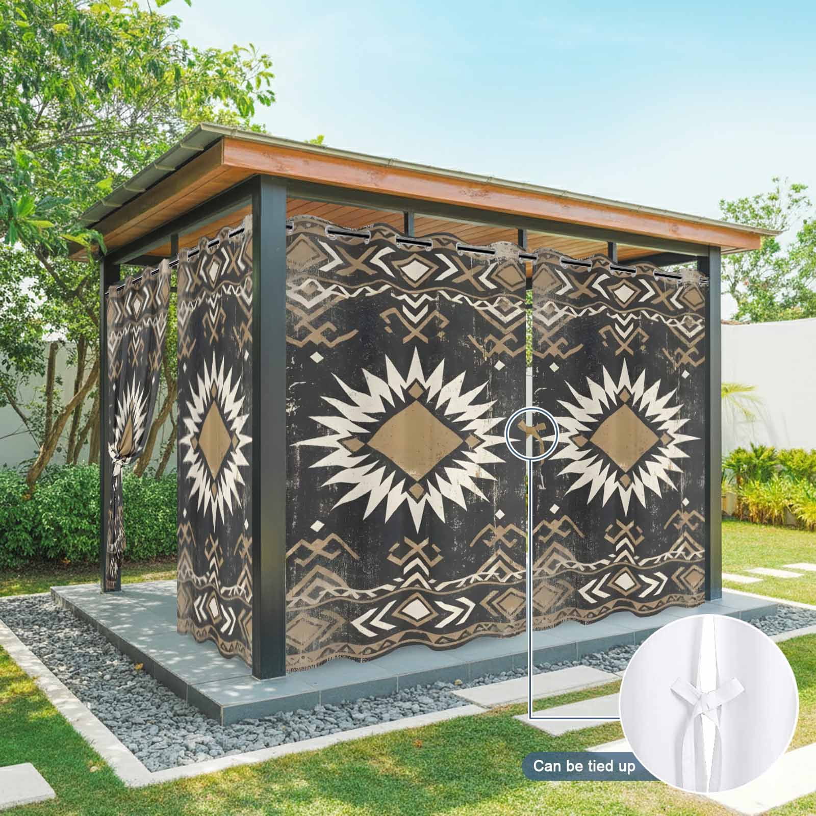 Sunburst Emblem Outdoor Curtains for Patio, Boho Black Tribal Rustic Brown Retro Geometric Sunshade Privacy Drapes Grommet Waterproof Outside Curtains for Porch/Cabana/Balcony 54"x 108", 1 Panel