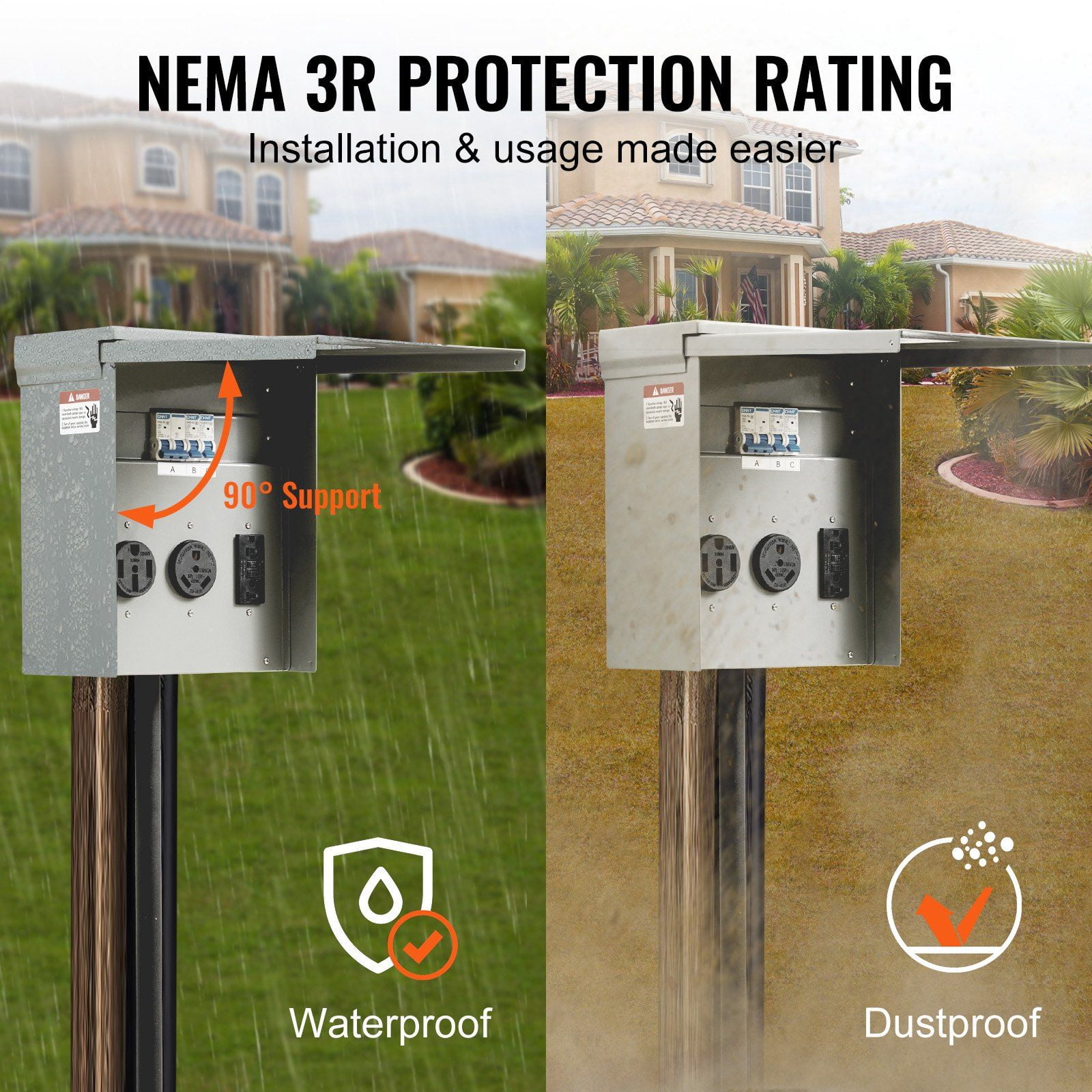 Portable RV Power Distribution Panel, 125V/250V, 20A/30A/50A Receptacles, NEMA 14-50R & TT-30R, GFCI, UL Certified for Campers