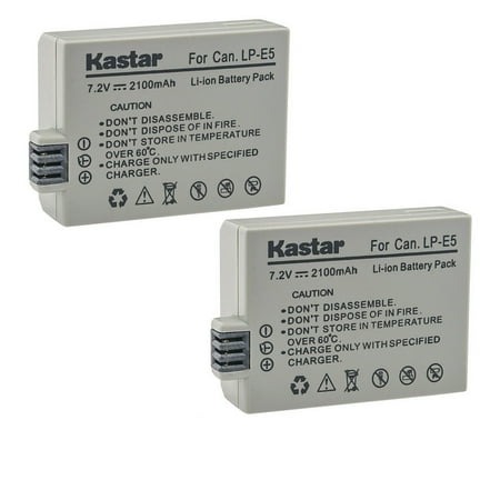 Kastar 2-Pack LP-E5 Battery 7.2V 2100mAh Replacement for Canon EOS Rebel XSi  EOS Rebel XS  EOS Rebel T1i  EOS 450D  EOS 500D  EOS 1000D  EOS Kiss F  EOS Kiss X2  EOS Kiss X3 Camera